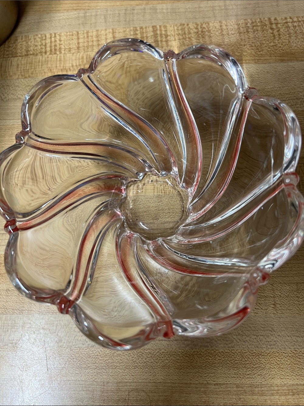 Clear Glass Swirl Decorative Bowl with Pink Rim